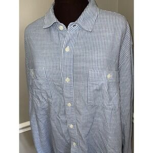 J Peterman Mens XXL Blue White Stripe Utility Travel Shirt 2 Pocket Button Front